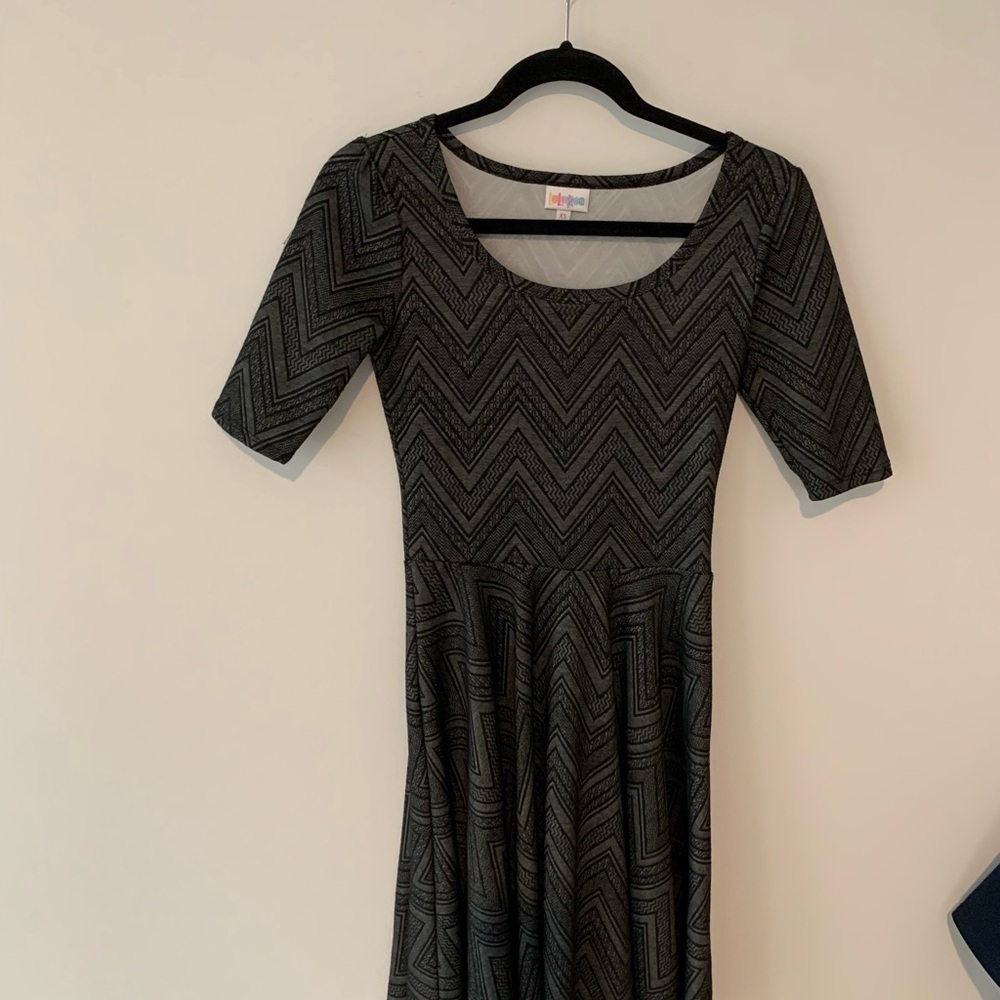 Lula Roe XS Black  & gray skater dress knit Pattern Dress nwot  1/2 sleeves